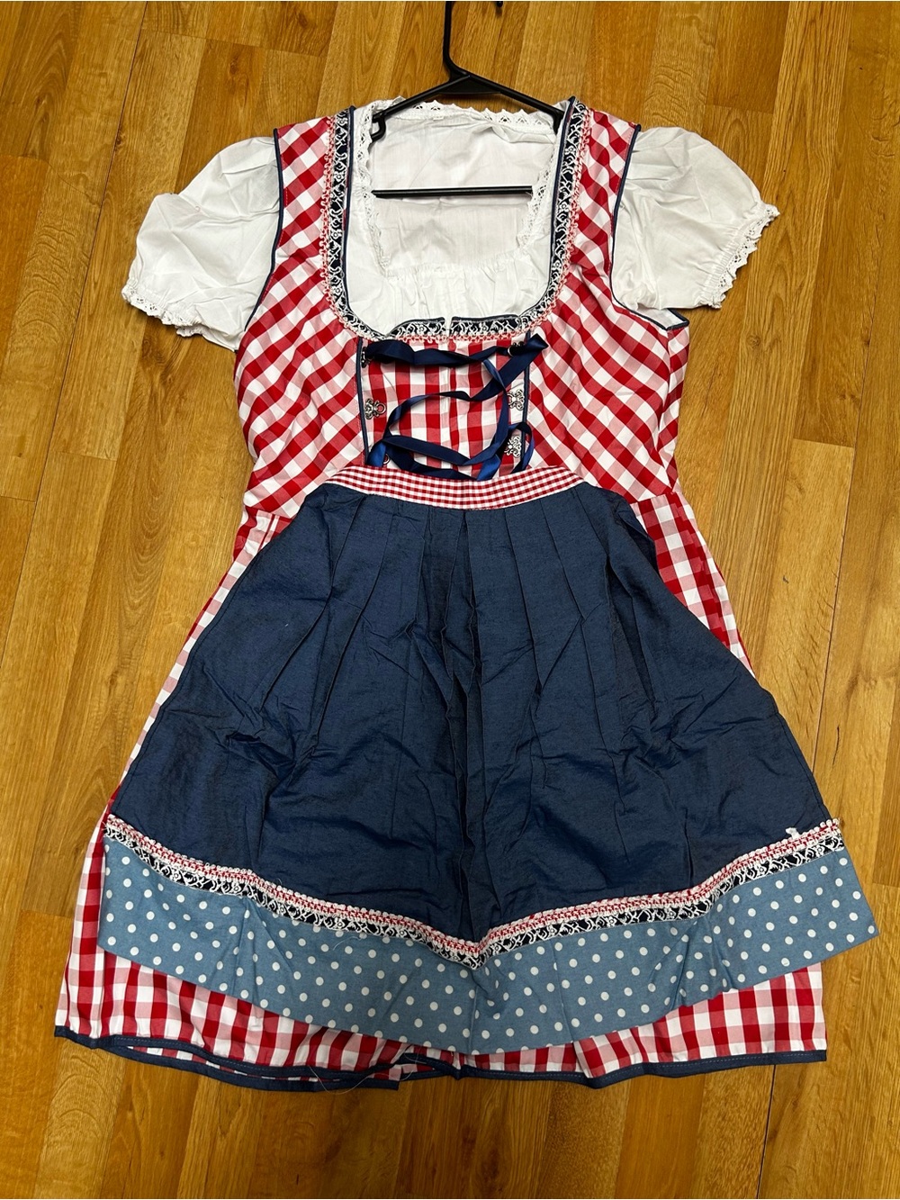 Red Gingham Dirndl Style Dress with Navy Apron Oktoberfest